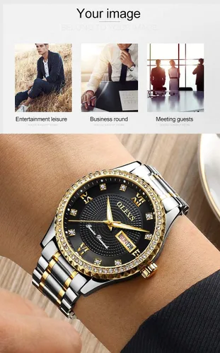 Vista 9 de OLEVS - Relojes de diamantes para hombres, relojes de vestir a prueba de agua, relojes analógicos de cuarzo de lujo con calendario de fecha y correa