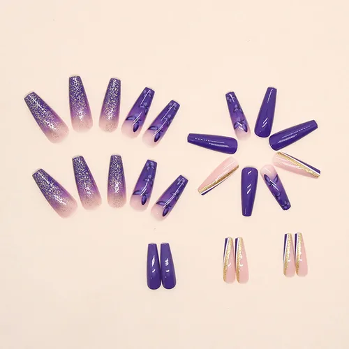Vista 2 de Uñas postizas de bailarina moradas de larga duración, 24 uñas postizas reutilizables de cobertura completa con pestañas adhesivas, uñas postizas