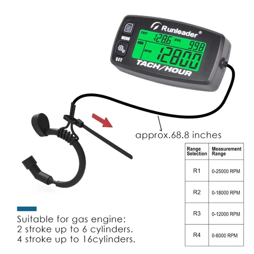 Vista 4 de Runleader Tacómetro digital de motor de gas, registro de horas y rpm, medidor de horas de luz de fondo, batería reemplazable para cortacésped