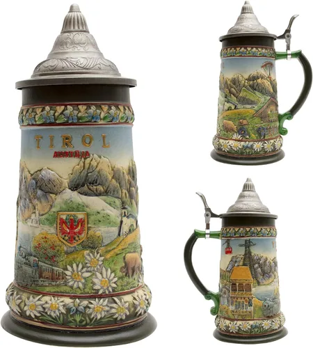 Vista 2 de OktoberfestHaus - Jarra de Cerveza de Cerveza Austria Pintada a Mano con Tapa Metálica y Escena de Tirol Alpes Jarra Cervecera Alemana
