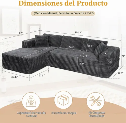 Vista 2 de JAMFLY Sofá modular de 103 pulgadas, moderno sofá tapizado en forma de L sin hueso con asiento profundo de gran tamaño, sofá sin hueso comprimido