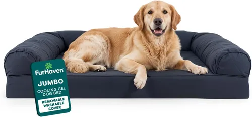 Vista 17 de Furhaven Sofá cama ortopédico para perro, sofá de espuma viscoelástica con refuerzos, felpa texturizada y funda resistente al agua, funda lavable