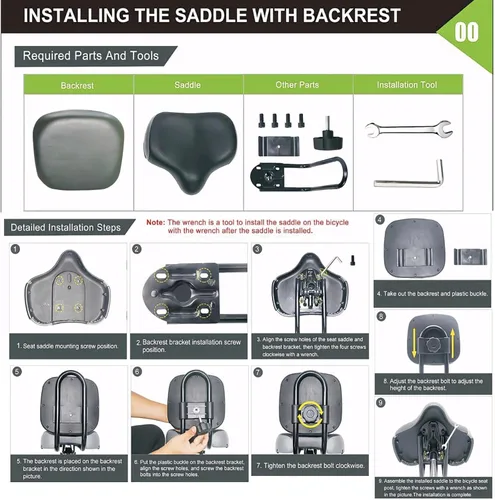 Vista 5 de Asiento de bicicleta con respaldo, asiento de bicicleta extra ancho con soporte trasero, asiento de bicicleta extragrande con cojín acolchado