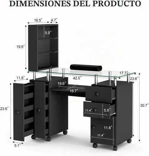 Vista 4 de Mesa de manicura con parte superior de vidrio para tecnología de uñas, estación de escritorio resistente a acetona con cajones de almacenamiento