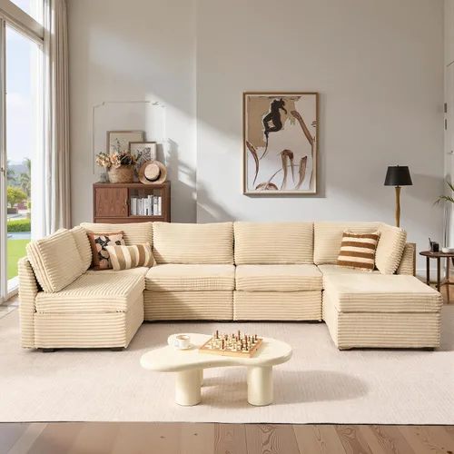 Vista 36 de Ovios - Sofá modular con diván en forma de U y otomanas, cómodo y mullido, tapizado en pana estilo nube, moderno, asiento profundo, juego de sofás