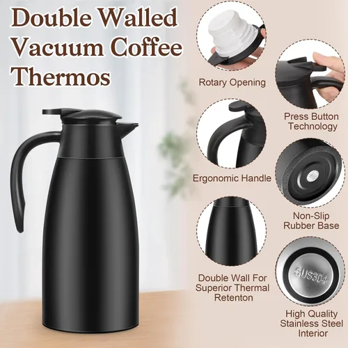 Vista 3 de 1 unidad de Jarra de café térmica de 68 OZ, Jarra de café aislada de acero inoxidable de doble pared con vacío térmico y cepillos, Termo