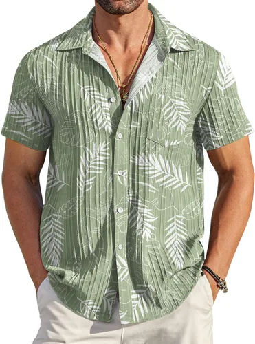 Vista 30 de COOFANDY - Camisas de botones casuales para hombre, de manga corta, con textura, camisa de playa de verano con bolsillo