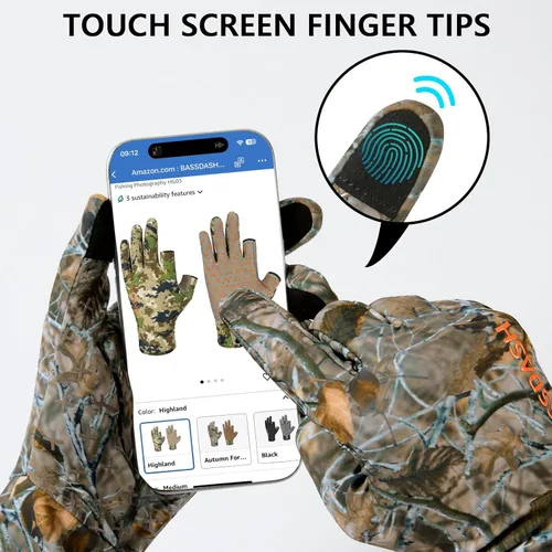 Vista 3 de BASSDASH Guantes de caza de camuflaje para hombres UPF 50+ Guantes ligeros con pantalla táctil para pesca, senderismo y actividades al aire libre