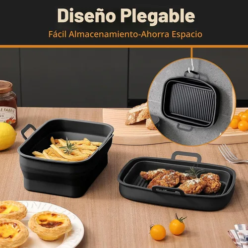 Vista 6 de Paquete de 2 sartenes plegables de silicona para freidora de aire para NINJA Foodi Dual de 8 y 10 cuartos, olla de cesta rectangular reutilizable