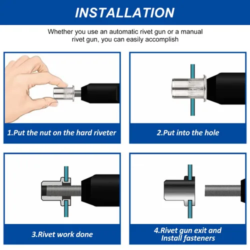 Vista 5 de Tuercas remachadoras de 1/4"-20 – 50 tuercas remachables de acero inoxidable, tuerca de inserción de cabeza plana con cuerpo moleteado