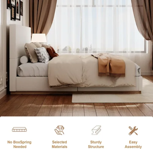 Vista 7 de Base de cama matrimonial con cabecero, plataforma tapizada de terciopelo con base de madera cerrada, estructura de metal y soporte de listones