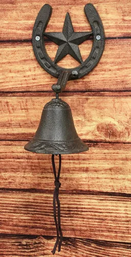 Vista 8 de Ebros Gift Campana de hierro fundido rústico vintage con estrella occidental para puerta, pared, cena, patio, campanas al aire libre