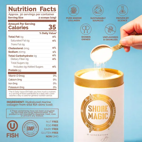 Vista 2 de Shore Magic Polvo de colágeno marino prémium I-IV – Pescado silvestre, péptidos hidrolizados, sin sabor, 0.23 oz de proteína por porción – Apoya