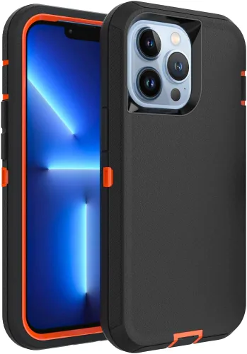 Vista 9 de Funda para iPhone 13 mini, Funda Resistente a Prueba de Golpes y Caídas, Resistente y Rugosa, Negra+Naranja Negro y anaranjado