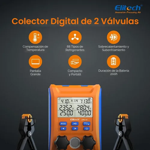Vista 2 de Elitech Válvula de 2 vías de manómetro digital con abrazaderas de termómetro para sistemas HVAC, LMG-10