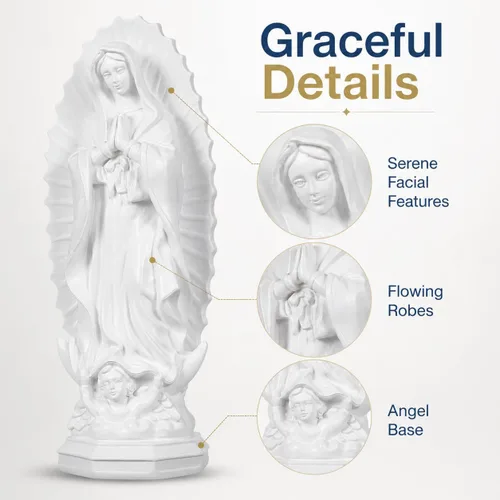 Vista 7 de DECHOUS Estatua de la Señora de Guadalupe blanca – 7.5 pulgadas de alto, figura religiosa de resina de Guadalupe para oficina en casa, estatua