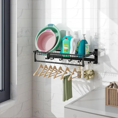 Vista 5 de Tangkula Estante de baño plegable, estante de baño montado en la pared con barra ajustable y ganchos móviles, organizador de aluminio a prueba