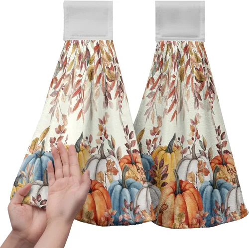 Vista 22 de Juego de 2 toallas de cocina colgantes de hojas tropicales de verano, color verde, hojas de palmera, con bucles para colgar, suaves y absorbentes
