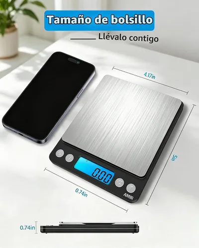 Vista 5 de AMIR - Báscula digital de cocina, 17.64 oz, báscula de bolsillo para joyas, báscula de cocina con pantalla LCD retroiluminada, 2 bandejas, 6