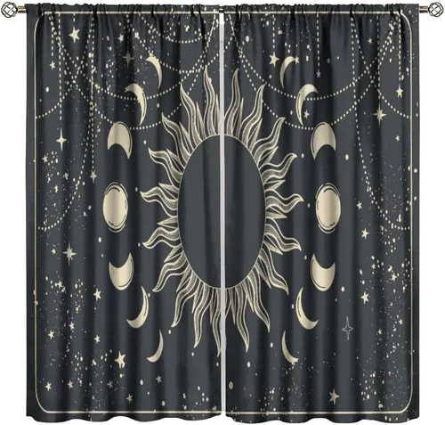 Vista 23 de Cortinas opacas con diseño de sol y luna, cuerpos celestes bohemios, con diseño de sol, luna y estrellas, para sala de estar, dormitorio, 42 x 45