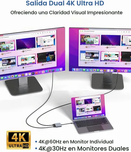 Vista 6 de Adaptador USB C a HDMI dual, divisor HDMI de 4K a 60Hz para monitores duales, pantalla extendida, carga PD de 100 W, puerto USB-A, Windows admite