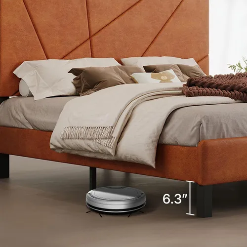 Vista 3 de Estructura de cama con plataforma tapizada de tamaño completo con cabecera acolchada de piel sintética, soporte de listones de metal resistente,