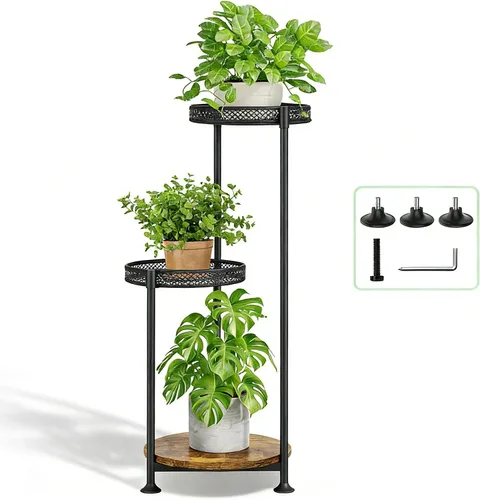 Vista 10 de Soporte negro de 2 niveles para plantas en interiores, 30 pulgadas de alto, estante de esquina de metal resistente para plantas estrechas para piso