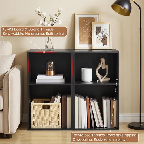 Vista 5 de YAHARBO Estantería de 2 cubos, soporte para tocadiscos negro con almacenamiento de vinilo de hasta 100 álbumes, estante horizontal para libros