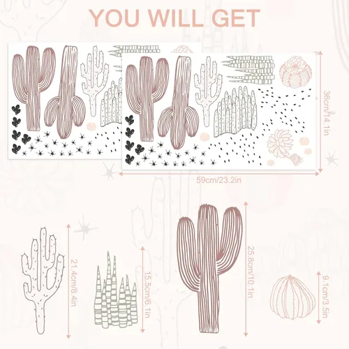 Vista 8 de Calcomanías de pared de cactus para dormitorio, calcomanías de pared de cactus dibujadas a mano, calcomanías de pared de cactus de vinilo para sala
