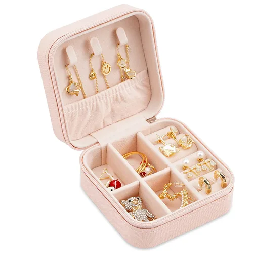 Vista 7 de Mini joyero portátil de viaje de cuero, organizador de anillos, caja de regalo de almacenamiento, para niñas y mujeres (blanco y 2 piezas rosas).
