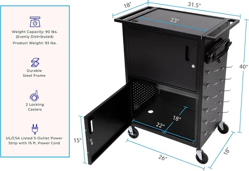 Vista 5 de Line Leader Stellar - Carrito de computadora con tablero de clavijas y ganchos personalizables, armarios de doble bloqueo, alimentación certificada
