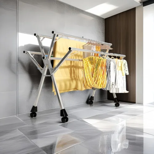 Vista 3 de Estante de secado de ropa ajustable de 5 bares, soporte plegable de acero inoxidable con ruedas bloqueables, extensible de 59 a 94.5 pulgadas