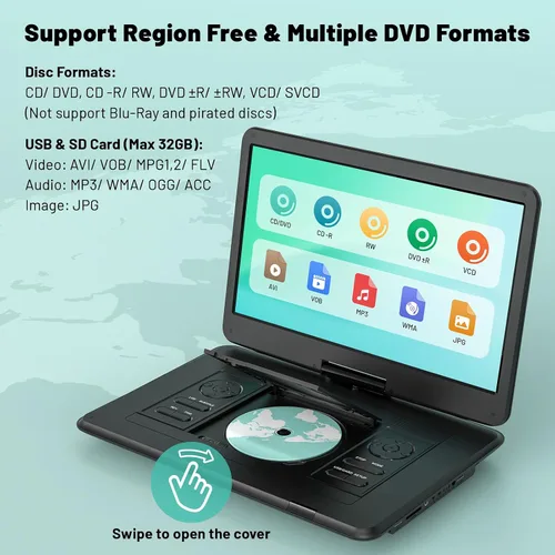 Vista 4 de POFOTO Reproductor de DVD portátil de 17.5 pulgadas con pantalla HD grande de 15.6 pulgadas, batería recargable de 6 horas, altavoces duales, libre