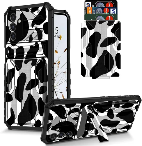 Vista 31 de Funda para Galaxy S21 FE 5G 2022 con soporte, funda de doble capa de policarbonato duro de TPU suave, estampado de vaca, estampado animal