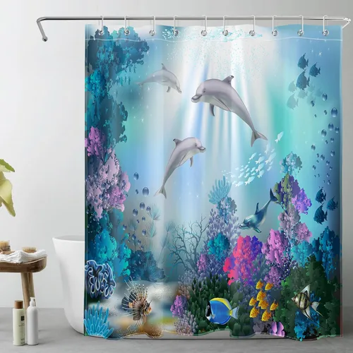 Vista 7 de Dolphin - Cortina de ducha pequeña de 48 x 68 pulgadas, forro de cortina de ducha de tamaño medio océano azul, cortina de ducha estrecha de peces