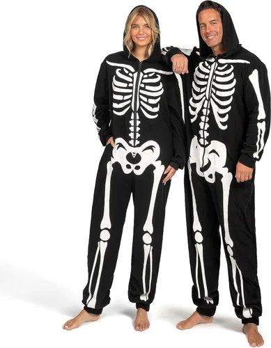 Vista 4 de Spooktacular Creations Disfraz de esqueleto para adultos, para hombre, que brilla en la oscuridad, pijama con capucha, ropa de dormir