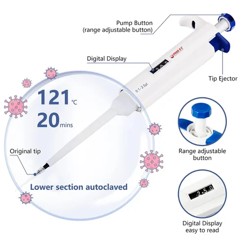 Vista 4 de FOUR E'S SCIENTIFIC Pipeteta de un solo canal, micropipeta de volumen variable ajustable de alta precisión para laboratorio (0.1-2.5 uL)