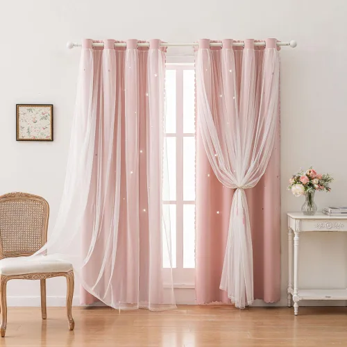 Vista 10 de Cortinas opacas con recortes de estrellas para dormitorio de niñas y niños, cortina de doble capa con aislamiento térmico y superposición