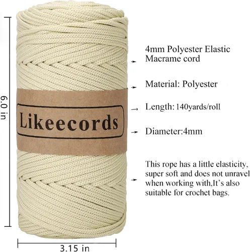 Vista 2 de Likeecords Cordón de macramé trenzado de poliéster de 0.157 in, 140 yardas, 426 pies, hilo elástico para bolsa de ganchillo para manualidades