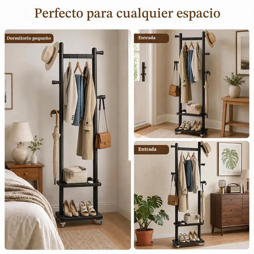Vista 5 de Estante de abrigos de madera maciza independiente con ruedas y 2 estantes de almacenamiento y 5 ganchos, estante de ropa resistente, árbol