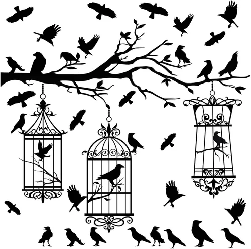 Vista 9 de Calcomanías de pared de ramas de árbol de Halloween, cuervo negro, pájaro, pájaro, pelar y pegar, calcomanías de cuervo para jaula de pájaro, Jaula