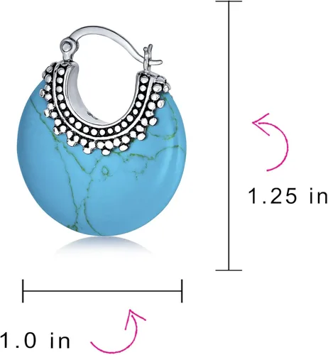 Vista 4 de Aretes de aro redondos de media luna con forma de ónix, turquesa y lapislázuli, estilo tribal occidental, para mujer, cuentas de caviar, milgrain