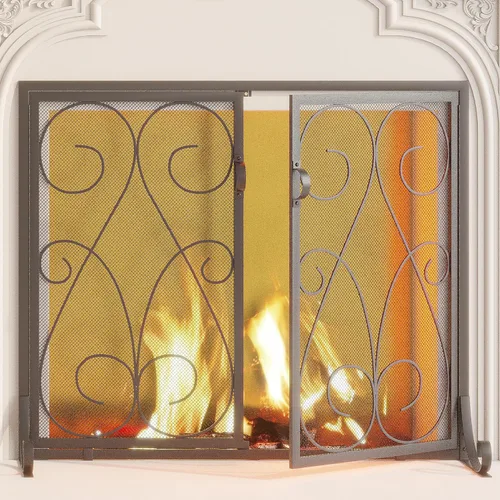 Vista 5 de Kingson Pantalla de chimenea de 2 paneles con puertas, hecha a mano, malla decorativa de hierro forjado, protector de chispas de fuego