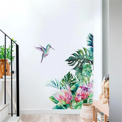 Vista 6 de Calcomanías de pared de hojas tropicales, hojas verdes, flores, calcomanías de pared de palmera, plantas, pájaros, calcomanías para ventana