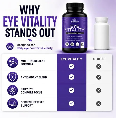 Vista 6 de HerbaMe Suplemento de vitaminas para los ojos con luteína, arándano, betacaroteno, L-taurina, zinc y quercetina, 90 cápsulas, apoya la visión
