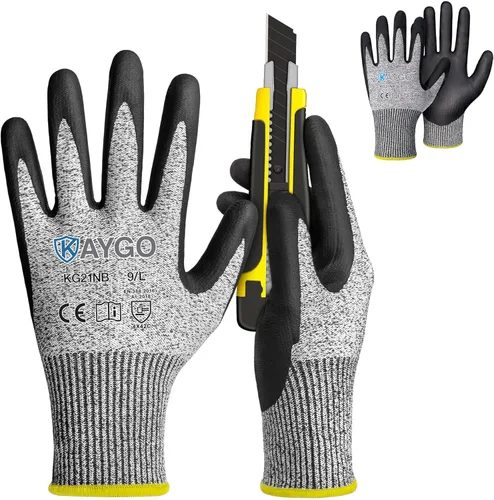 Vista 28 de KAYGO - Guantes de nitrilo resistentes a cortes para tareas de agarre aceitoso y húmedo ANSI A3, HPPE/Forro de fibra de vidrio, agarre