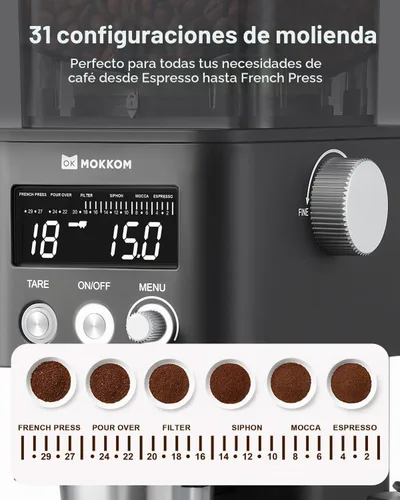 Vista 4 de MOKKOM Molinillo de café con rebabas cónicas con molienda ajustable para Negro