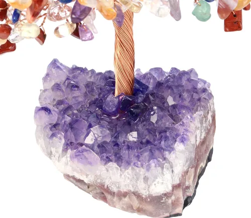 Vista 6 de Jovivi Árbol de Dinero de Cristal Curativo de Gemas de 7 Chakras Naturales sobre Base de Geoda Drusa de Racimo de Amatista, Cristales de Feng Shui
