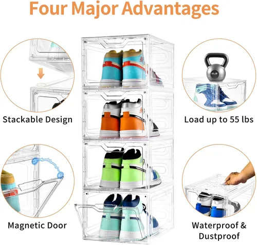 Vista 4 de Paquete de 10 cajas grandes para zapatos de plástico transparente apilables, organizador de almacenamiento de zapatos con tapas, estante
