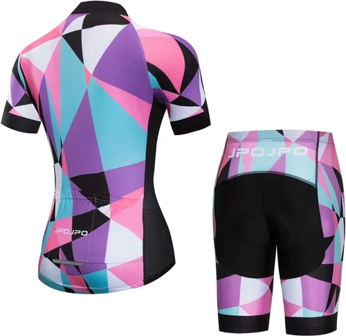 Vista 62 de Camiseta de ciclismo para mujer, manga corta y pantalones cortos de ciclismo acolchados para verano